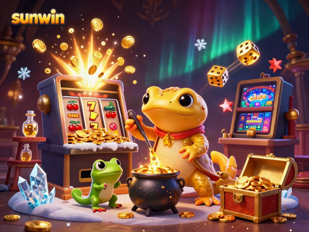 Experience the magic of sunwin with an alchemist transforming metals into gold amidst dynamic casino elements.