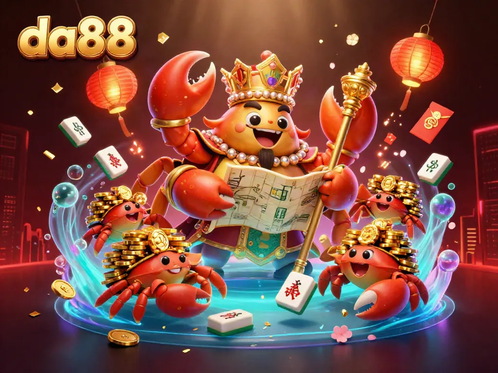Engage with da88's vibrant online gambling world featuring a golden crab emperor and rich game elements.