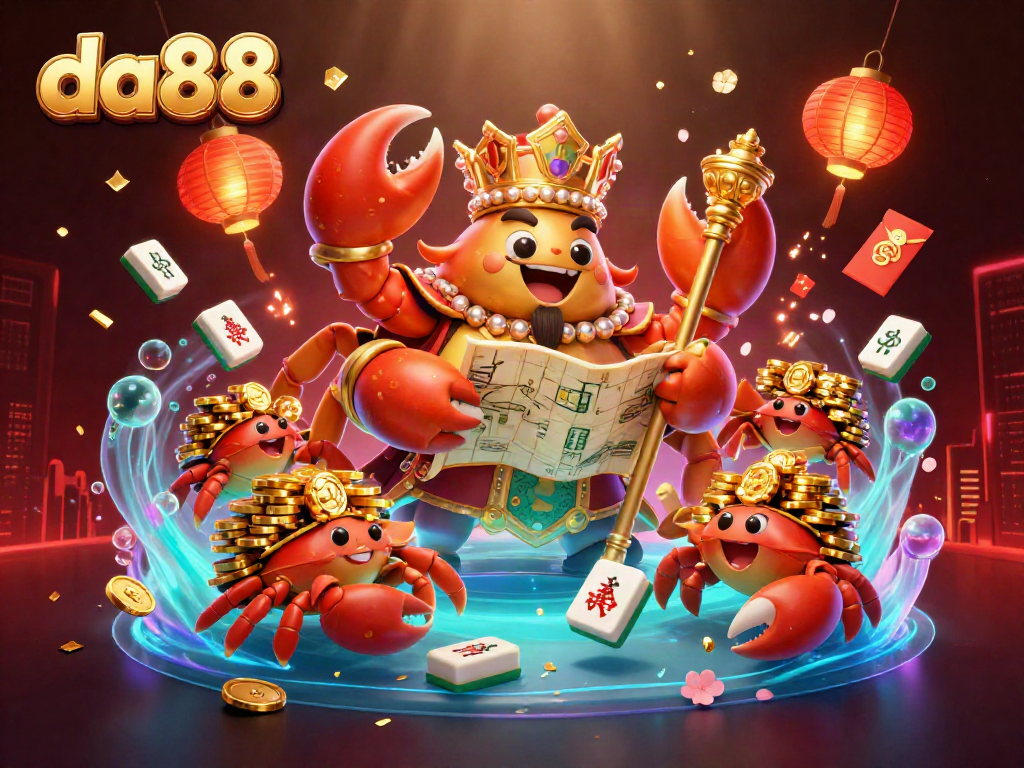 Engage with da88's vibrant online gambling world featuring a golden crab emperor and rich game elements.