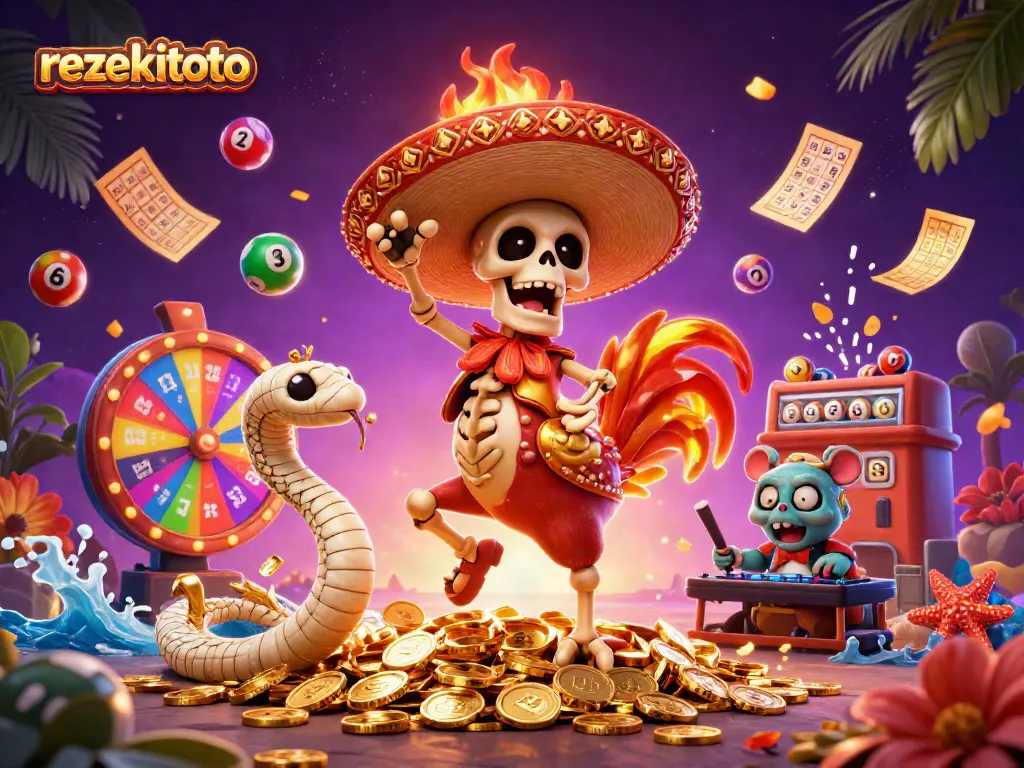 Experience the excitement of rezekitoto with lively characters and vibrant casino-themed elements.