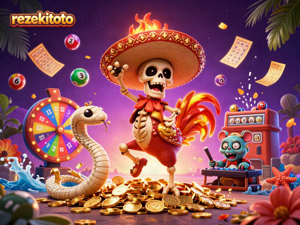 Experience the excitement of rezekitoto with lively characters and vibrant casino-themed elements.