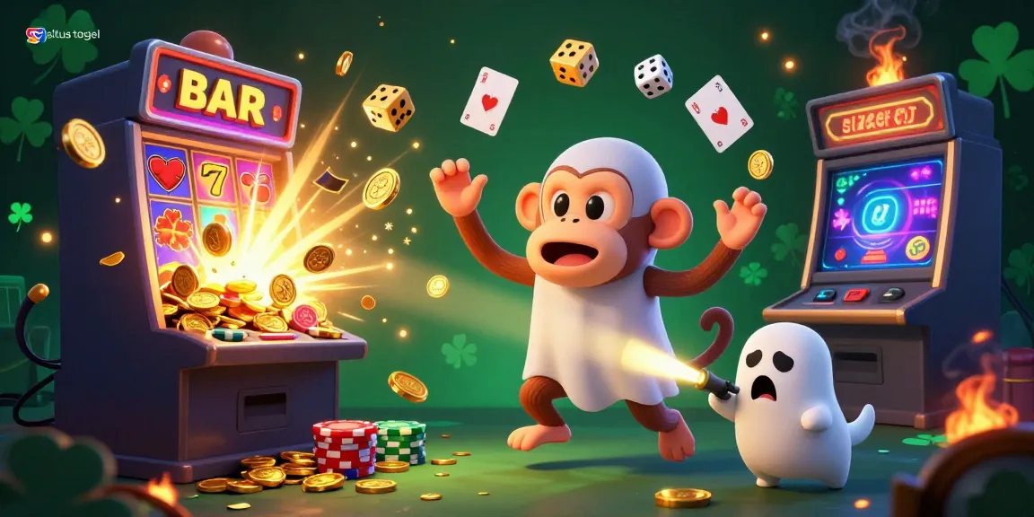 Experience the lively situs togel scene with a playful poltergeist monkey in a haunted casino atmosphere.