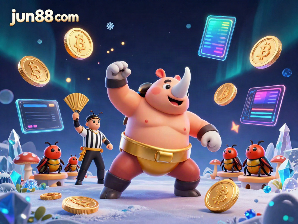 Witness a powerful rhinoceros beetle sumo champion celebrating wins at jun88 com, surrounded by dynamic crypto elements.