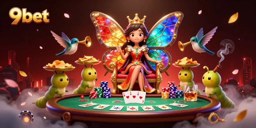 Experience thrilling gameplay at 9bet with a majestic butterfly queen presiding over a vibrant poker scene.