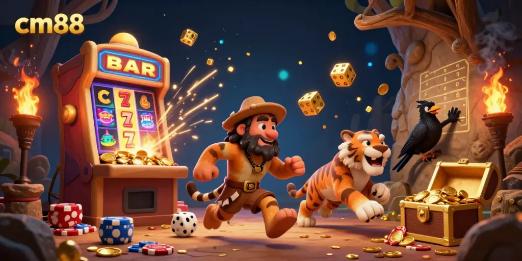 Experience the thrill of cm88 at a prehistoric casino with a sabertooth and caveman duo under a jackpot explosion.
