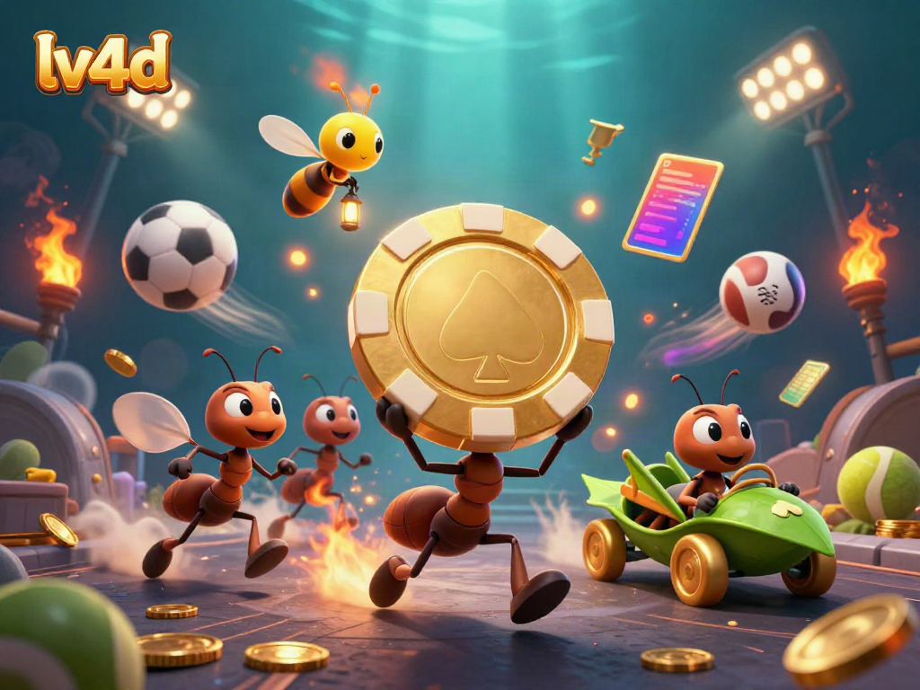 Ants conducting a heist with a giant poker chip in a rich gaming scene showcasing lv4d.