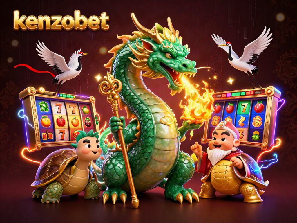 Experience the excitement at kenzobet with a thrilling 3D illustration of a jade dragon, turtle sage, and slot game elements.