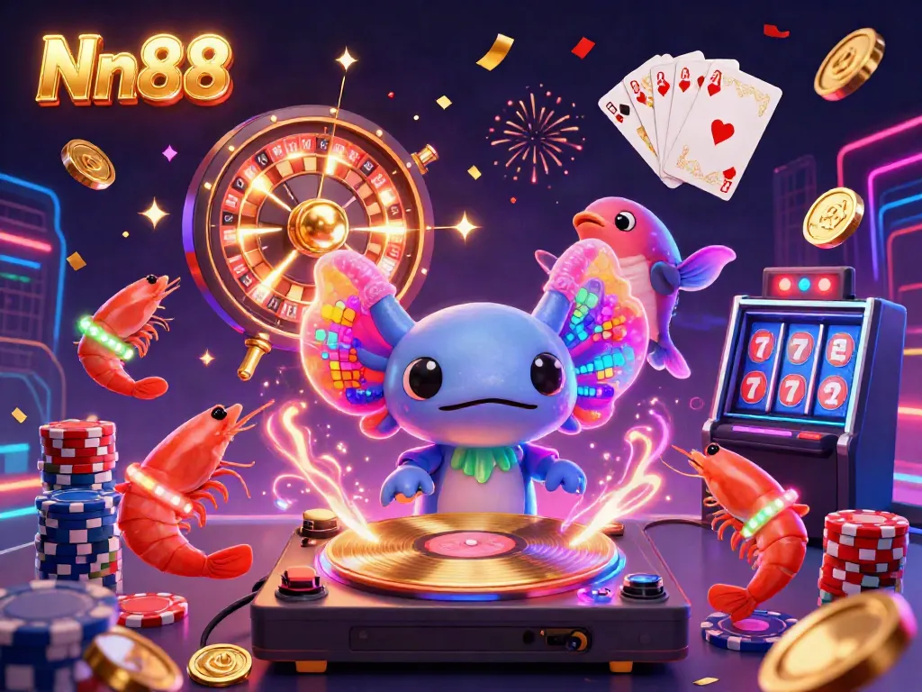 Nn88 online casino illustration with a neon DJ and sparkling casino elements, showcasing lively gaming atmosphere.