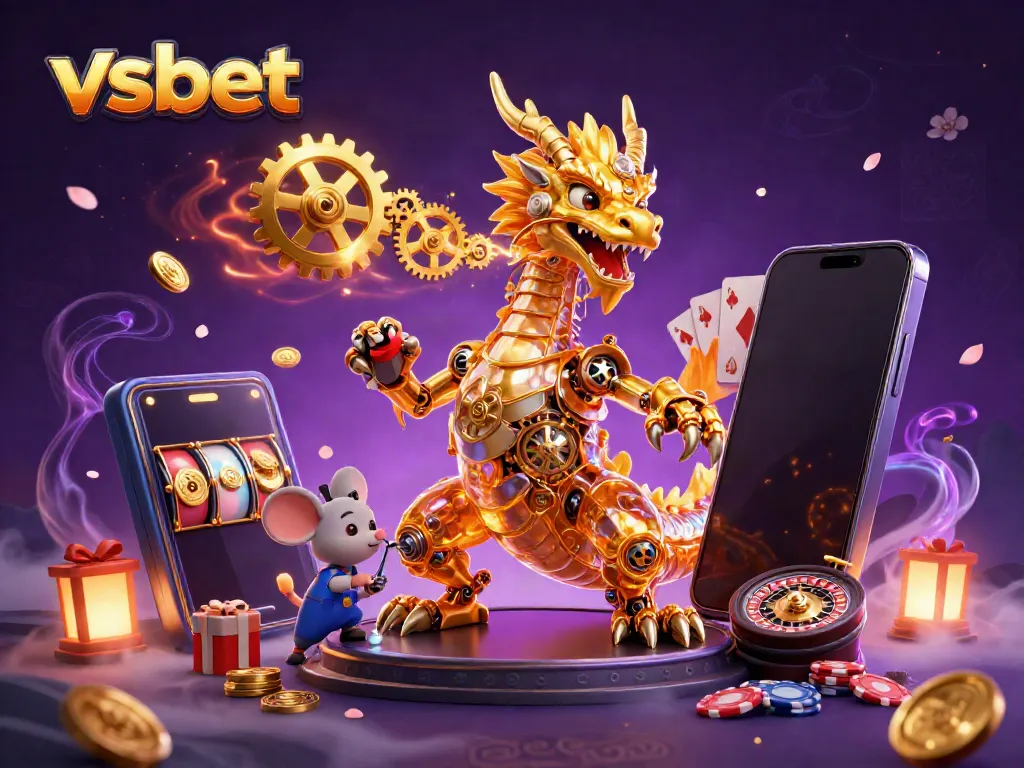 Experience thrilling gaming moments with vsbet's vibrant 3D illustration showcasing a golden dragon and slot games!
