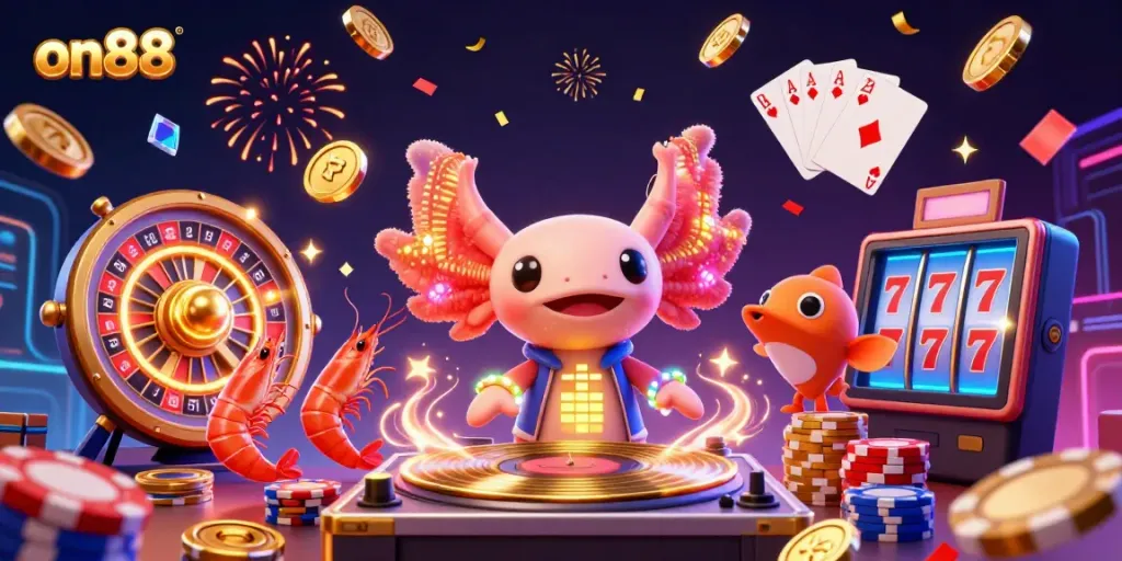 Experience the excitement of on88 with this vibrant cartoon DJ scene featuring casino elements.
