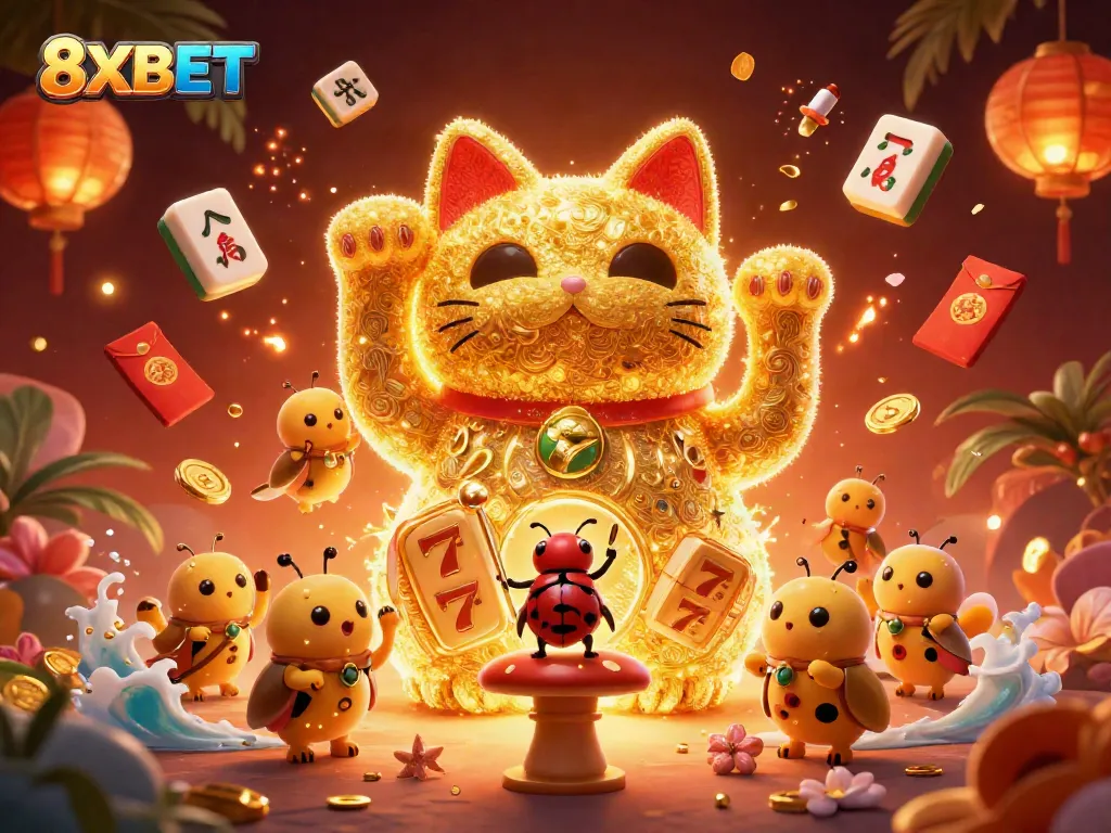 Engage with 8XBET's vibrant casino world featuring lucky cat symbols and festive elements.