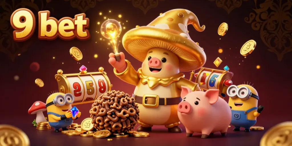 Experience exciting gaming action at 9 bet with a golden mushroom wizard, treasure, and festive casino elements.