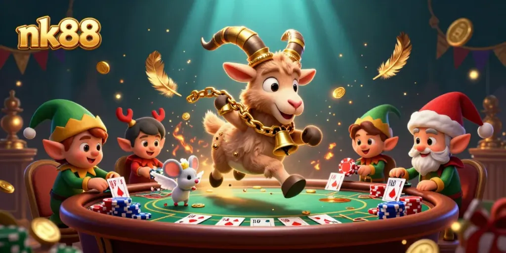 Experience exciting gameplay in nk88's vibrant casino scene with poker and playful characters.