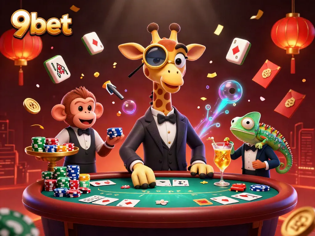 Experience the thrill of 9bet with vibrant casino characters at a lively poker table.