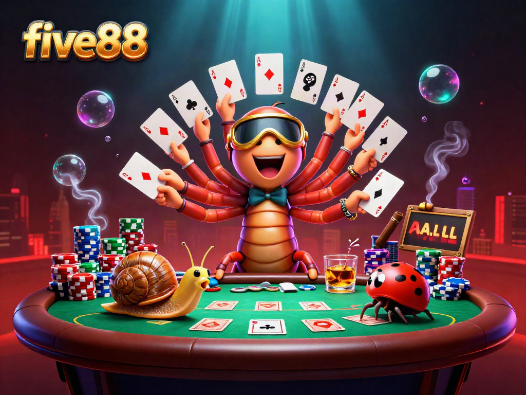 Experience the excitement of five88 with a vibrant scene of colorful poker action and dynamic characters.