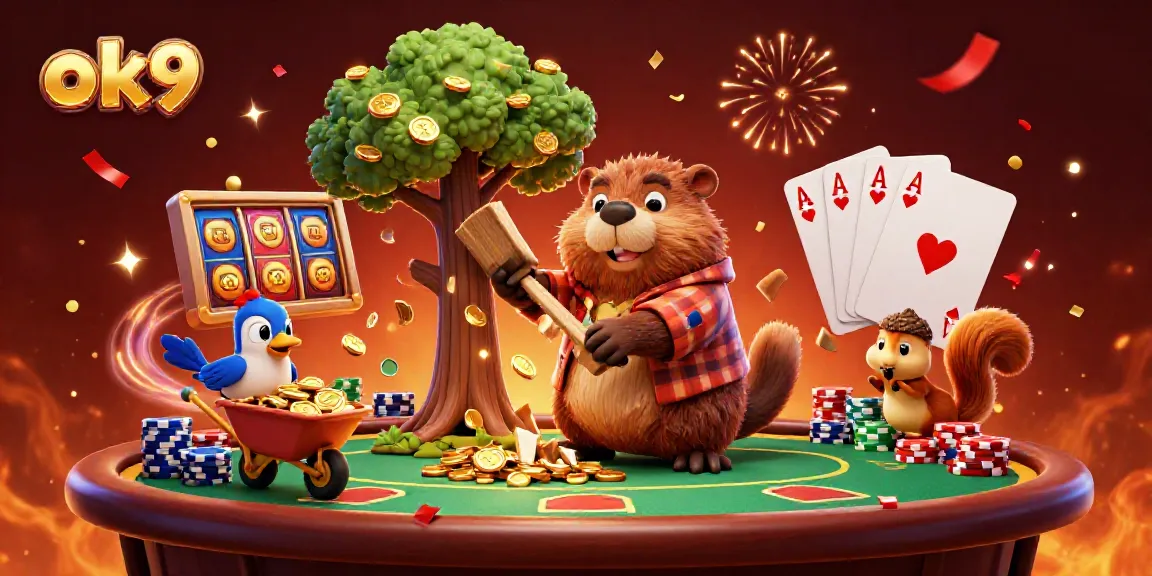 Experience the thrilling world of ok9 with a vibrant casino scene featuring a beaver and friends surrounded by golden coins and jackpot symbols.